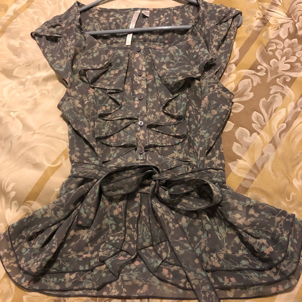 Lauren Conrad floral ruffle blouse, with waist tie